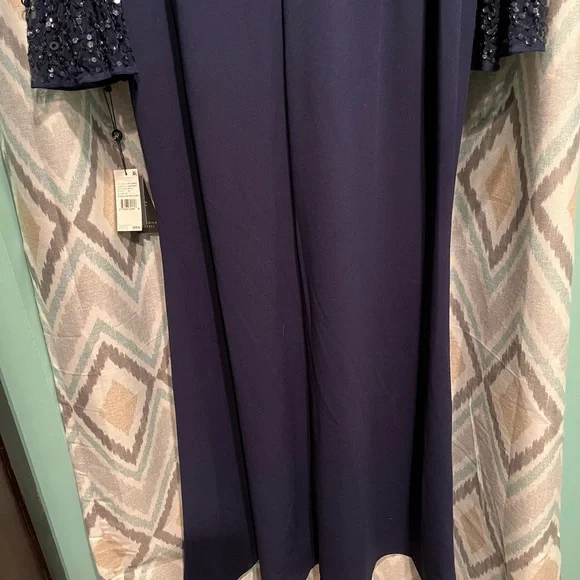 Adrianna Papell New Womans Beaded Boat Neck Gown Navy Blue Size 20 Flared Sleeve - Picture 6 of 10
